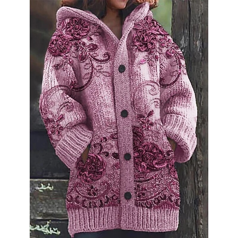 Women's Cardigan Vacation Daily Floral Ribbed Hooded Knitted Print Front Pocket Long Sleeve Regular Tops Knit Outdoor Daily Holiday Blue Purple Fall Winter3