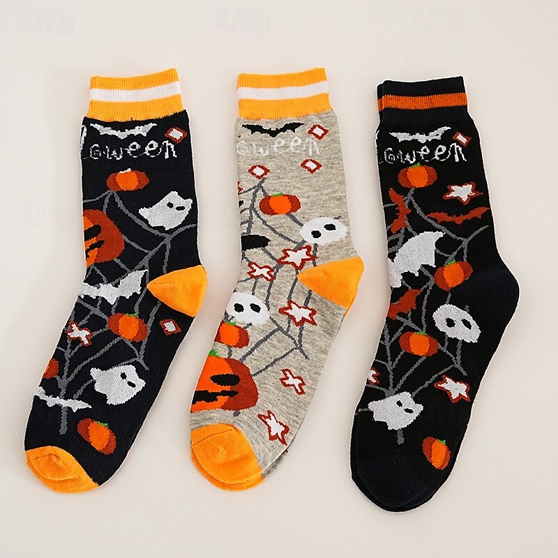 Unisex Halloween Novelty Socks with Pumpkin, Ghost, and Skull Patterns, Warm and Breathable Mid-Calf Socks for Autumn and Winter3