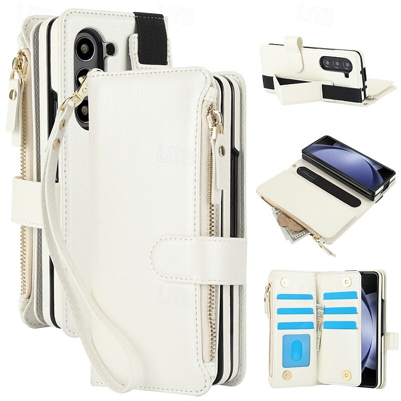 Phone Case For Samsung Galaxy Z Fold 7 Z Fold 6 Z Fold 5 Z Fold 4 Wallet Case Zipper with Wrist Strap Card Slot Retro PC PU Leather