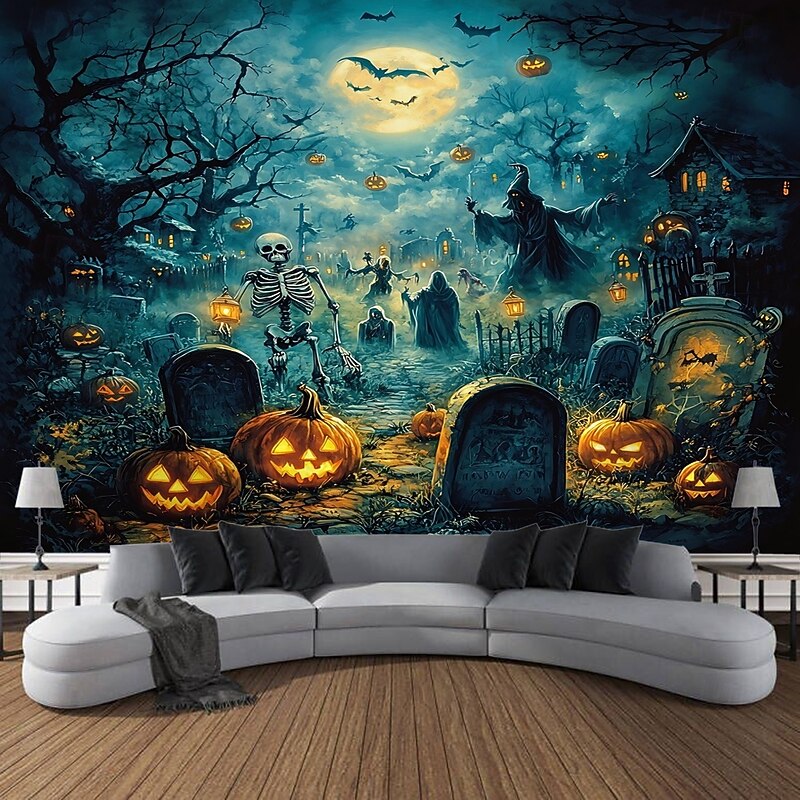 Halloween Photograph Backdrop Tapestry, Ghosts, Pumpkins, Monsters, and Skeletons Pattern Wall Hanging, Large Decorative Mural for Bedroom, Living Room, Party, and Home Decoration