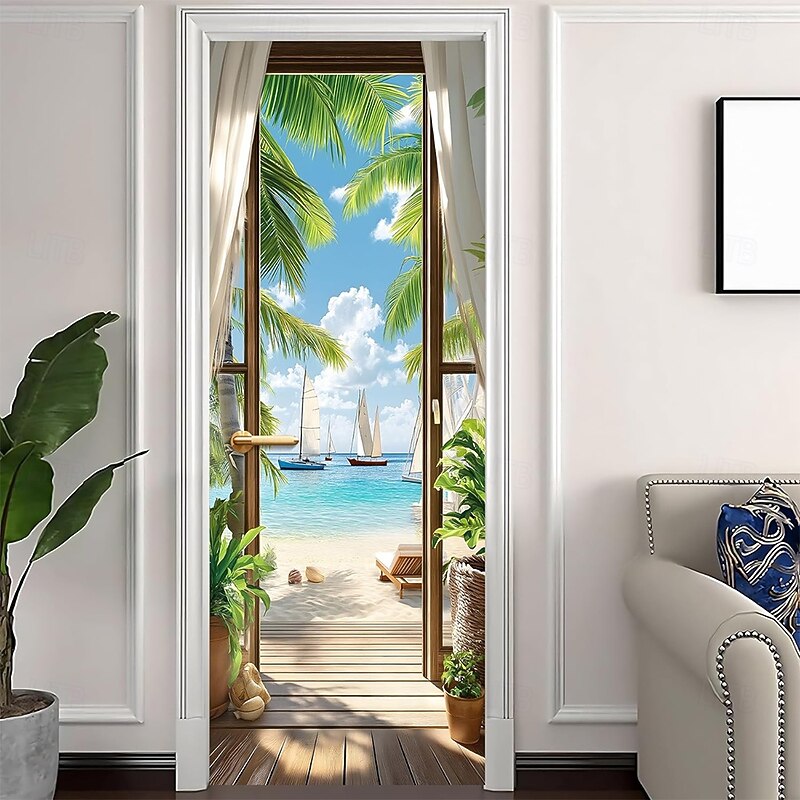 Door Cover Outdoor Banners Optical Illusion Beach Vacation Mediterranean Bedroom Living Room Front Door Home Decor