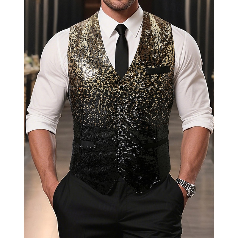 Men's Vest Waistcoat Gilet Vacation Party Business Fashion Casual Spring Fall Sequins Buttons Polyester Comfortable Gradual Single Breasted One-button V Neck Regular Fit Gold Vest
