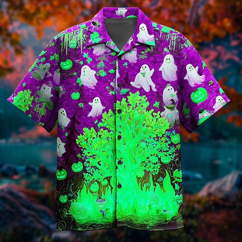 Halloween Men's Pumpkin Ghost Fire Shirt Cuban Collar Shirt Button Up Shirt Short Sleeve Dark Punk Gothic Style Holiday Streetwear Summer Camp Collar Shirt 3D Print Red Blue Purple Green3