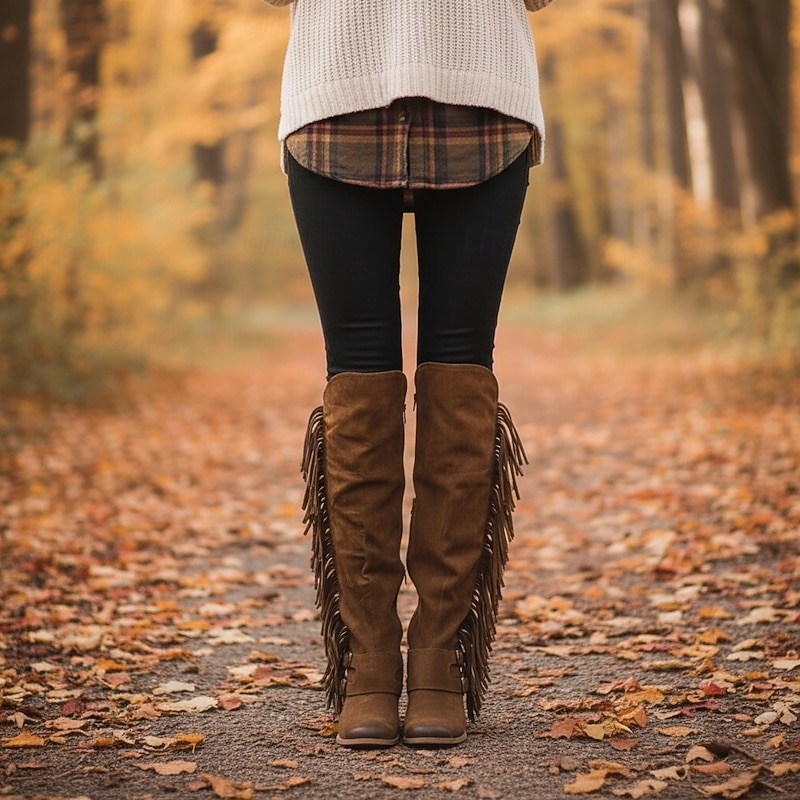 Women's Brown Suede Fringe Knee-High Boots with Buckle Straps - Western Style for Festivals, Casual Outings, and Outdoor Adventures2