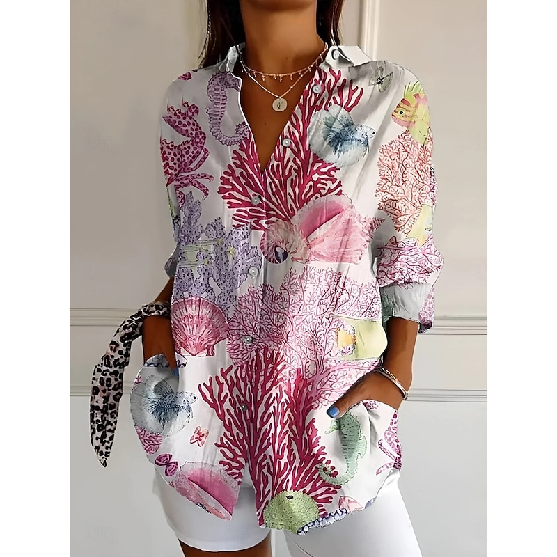 Women's Shirt Button Down Tunic Shirt Collar Long Sleeve Floral Graphic Vintage Daily Stylish Regular Tops Work Daily Holiday s Print Yellow Pink Beige Spring Fall2