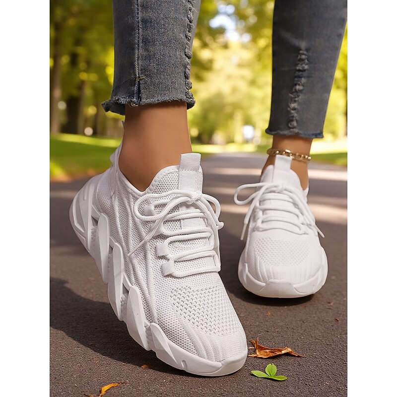 Women's White Chunky Sole Lace-Up Sneakers – Lightweight Breathable Mesh Sports Shoes for Running, Walking & Casual Outfits2