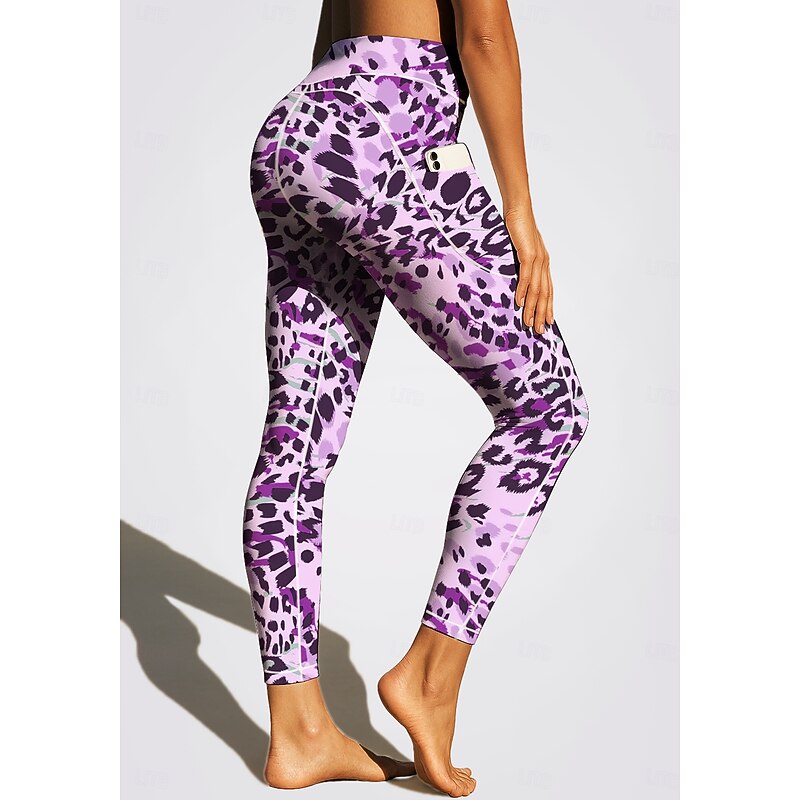 Women's Unisex pilates leggings fitness pants Gym Leggings Pockets Stamp Duty Side Pockets Pilates Gym Gym Workout Pants Tights Leggings Graphic Leopard Print Amethyst Sports Activewear Stretchy3