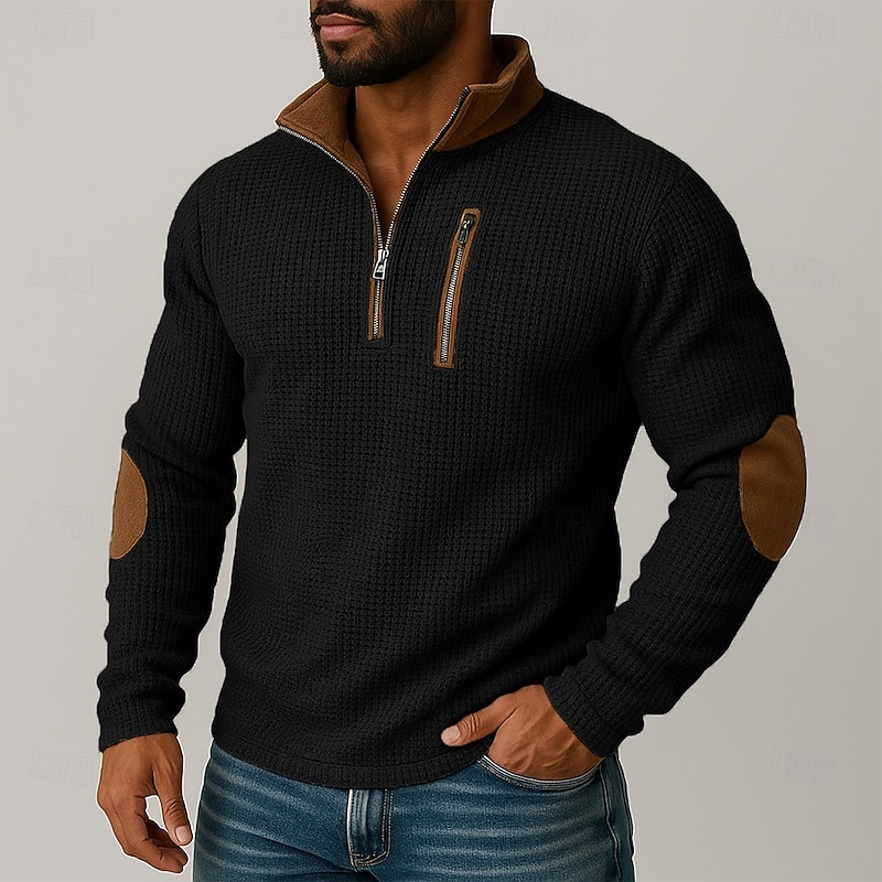 Men's T Shirt Waffle Knit Tee Tee Top Long Sleeve Shirt Long Sleeve Quarter Zip Fall Spring &  Fall Color Block Textured Vintage Fashion Casual Patchwork Zipper Quarter Zip Vacation Street Casual2