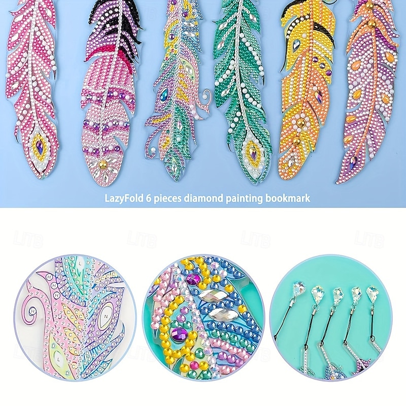 6 Pcs Whimsical Feather Bookmarks - Unique Irregular Diamond Painting Designs, DIY Animal-Themed Craft Kit with Easy-to-Follow Instructions, Perfect for Book Lovers and Craft Enthusiasts3