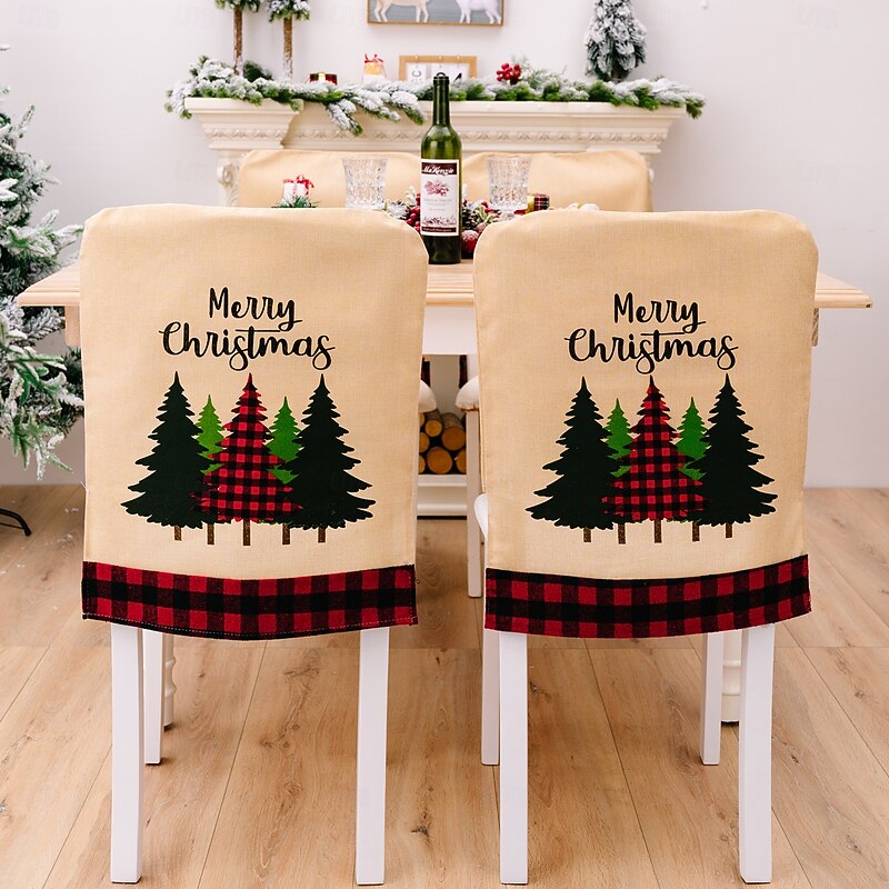 2Pcs Christmas Chair Covers, Red and Black Plaid Printed Chair Slipcovers with Merry Christmas and Christmas Tree Design, Holiday Dining Room Decor