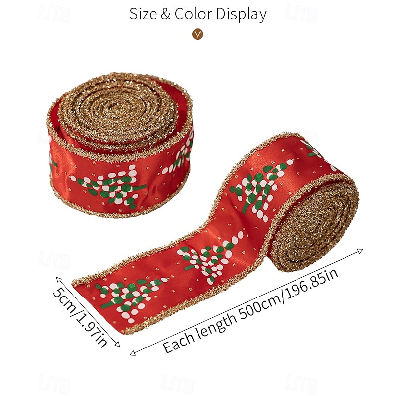 2Pcs Christmas Ribbon Rolls, Printed Glitter Christmas Tree Ribbons, Holiday Satin Decorative Ribbons for Wreath and Christmas Tree Decoration2