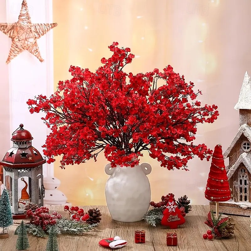 10 Bundles Christmas Red Artificial Flowers – Realistic Touch Gypsophila Bouquets for Home, Office, Garden Decor – Perfect for Weddings, Anniversaries, Easter, Christmas, Thanksgiving, St. Patrick’s Day, and Christmas Tree Decorations2