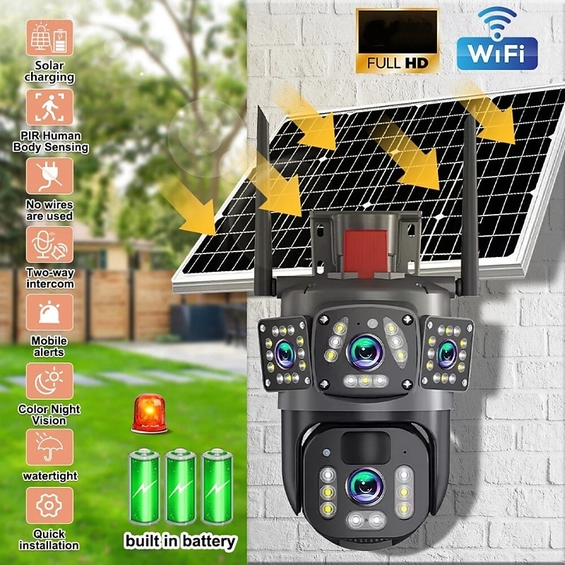 Solar-powered Wireless Wifi Outdoor Direction/Tilt Home Security Camera With Automatic Human Tracking Real-time Viewing Two-way Audio Cloud Storage And Advanced Home Security Monitoring.