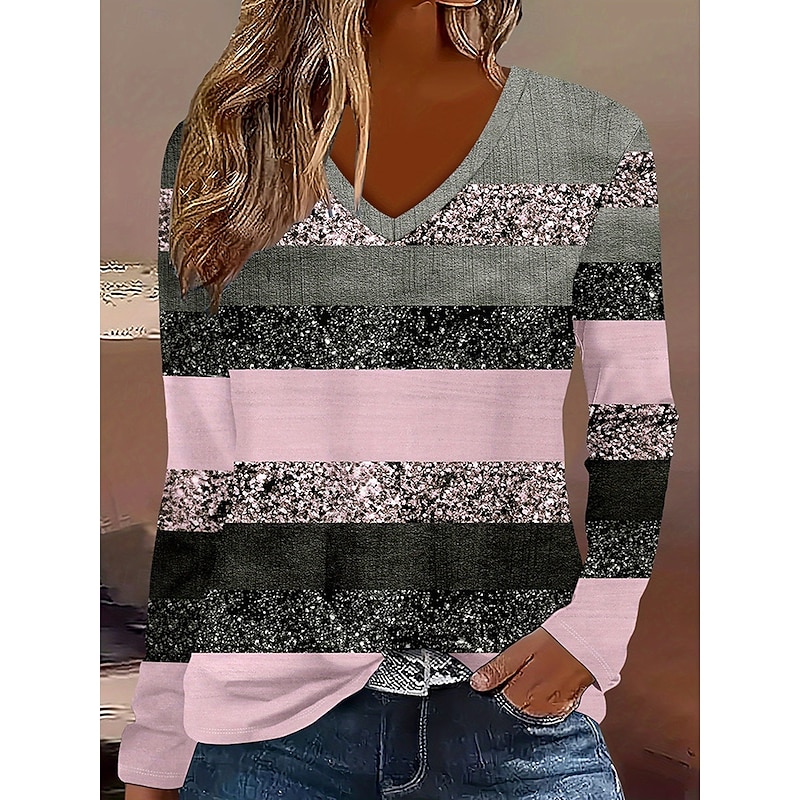 Women's T Shirt Graphic Geometric Striped Vintage Stylish Classic Long Sleeve Crew Neck V Neck Round Neck Regular Tops Daily Print Dusty Rose Spring Fall Winter