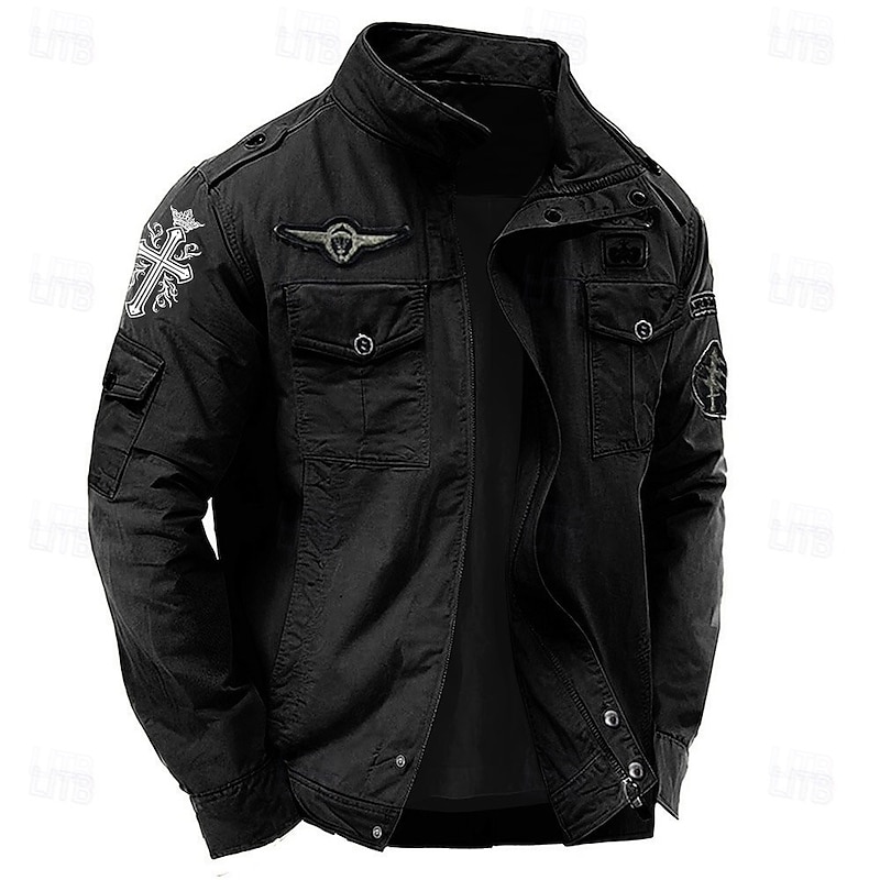Men's Cotton Embroidered Military Jacket Windbreaker with Shoulder Straps Long Sleeve Standing Collar Multi-Pockets Trucker Jacket Cross Print Tactical Outerwear2