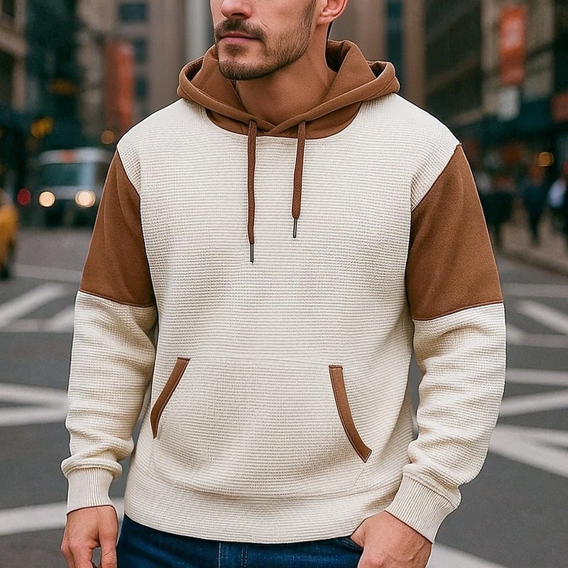 Men's Hoodie Waffle Hoodies Pullover Hoodie Sweatshirt Beige Hooded Plain Patchwork Color Block Sports & Outdoor Casual Daily Streetwear Cool Sportswear Fall Spring &  Fall Clothing Apparel Hoodies2