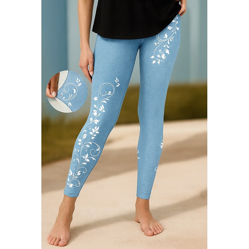 Women's Leggings Vacation Vintage Ethnic Style Ankle-Length High Waist Floral Graphic 3D Print Quick Dry Breathability Soft Stretchy Outdoor Home Causal Black Navy Blue Blue Sky Blue Fall Slim Fit