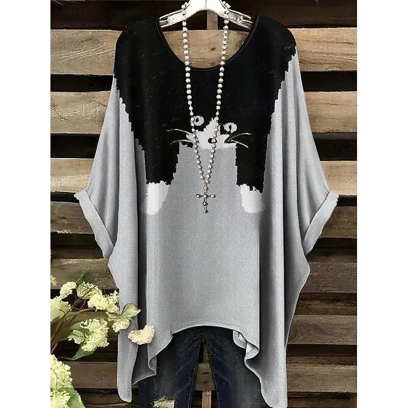 Women's Blouse Graphic Animal Cat Vintage Daily Casual Half Sleeve Batwing Sleeve Crew Neck Long Tops Daily Holiday Beach Wear Asymmetric Yellow Red Blue Camel Gray Summer Spring