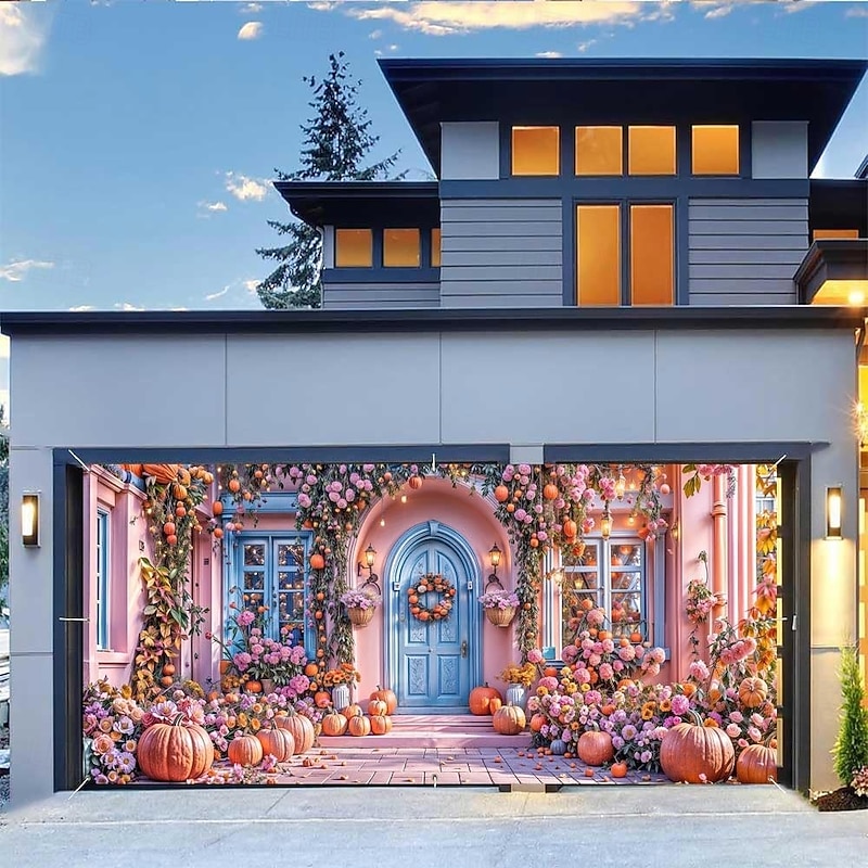 Halloween Garage Door Cover Large Hanging Backdrop Pumpkin Farm Cute Rustic Cottagecore Party Outdoor Shooting Backgrounds Yard Home Decor4