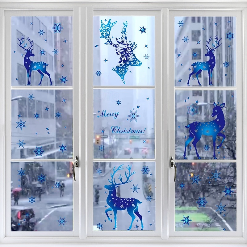 Christmas Window Clings Xmas Wall Sticker Snowflake and Reindeer Design Blue Holiday Decals Static Cling for Glass Window Store Display Festive Christmas Decoration Home Party Accessory