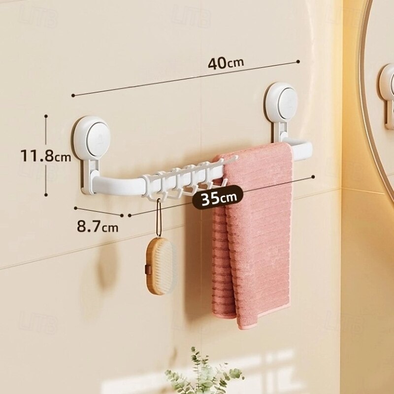 TAILI Suction Cup Towel Bar, Adjustable Adhesive Towel Holder for Bathroom, No Drill Wall Mounted Towel Rack with Sliding Hooks, White Towel Shelf for Kitchen, Toilet, Shower, Door4