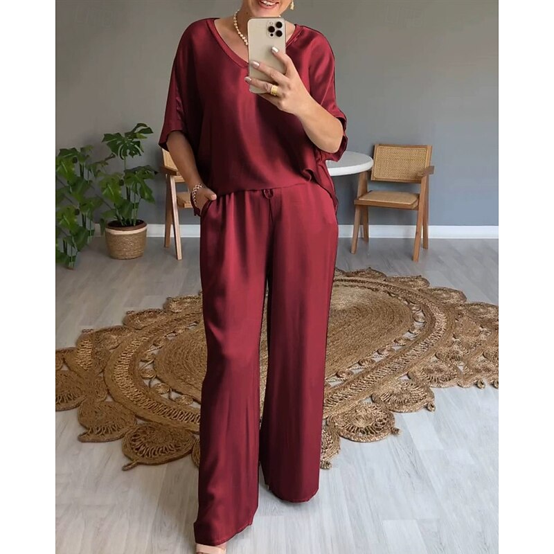 Women's Normal Jumpsuit Streetwear Solid Color 3/4 Length Sleeve Wide Leg Crew Neck Pocket Street Daily Regular Fit Black Pink Wine Fall2