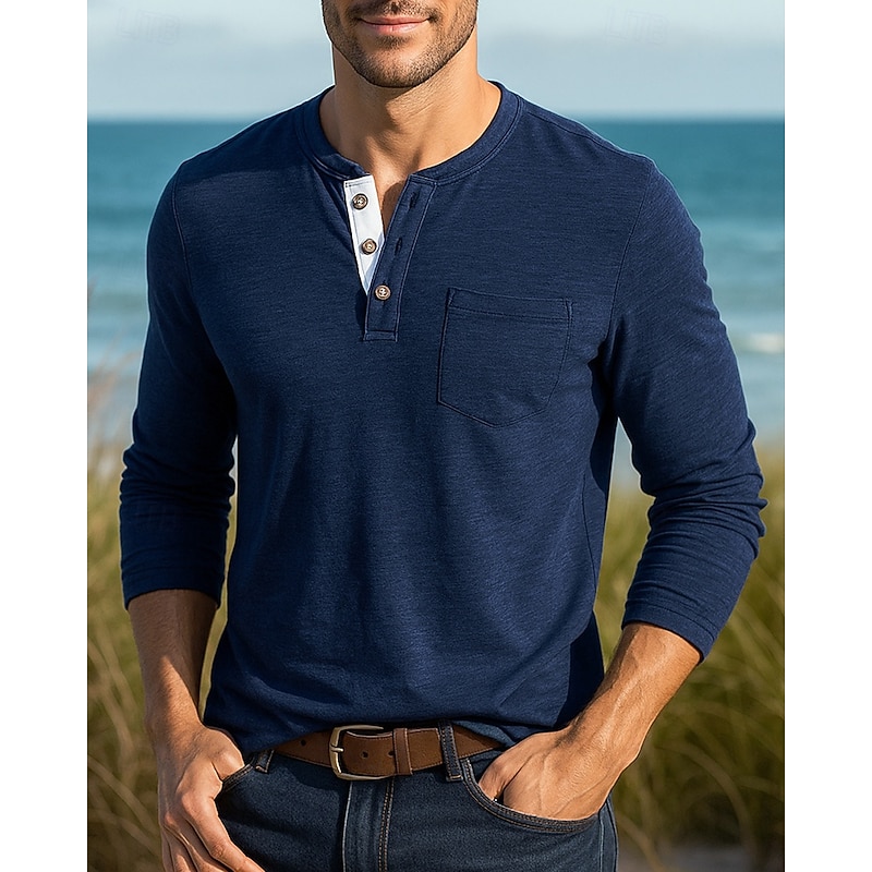 Men's Casual Shirt Hiking top Henley Shirt Long Sleeve Top Outdoor Breathable Cotton Black White Army Green Tennis Golf Running4