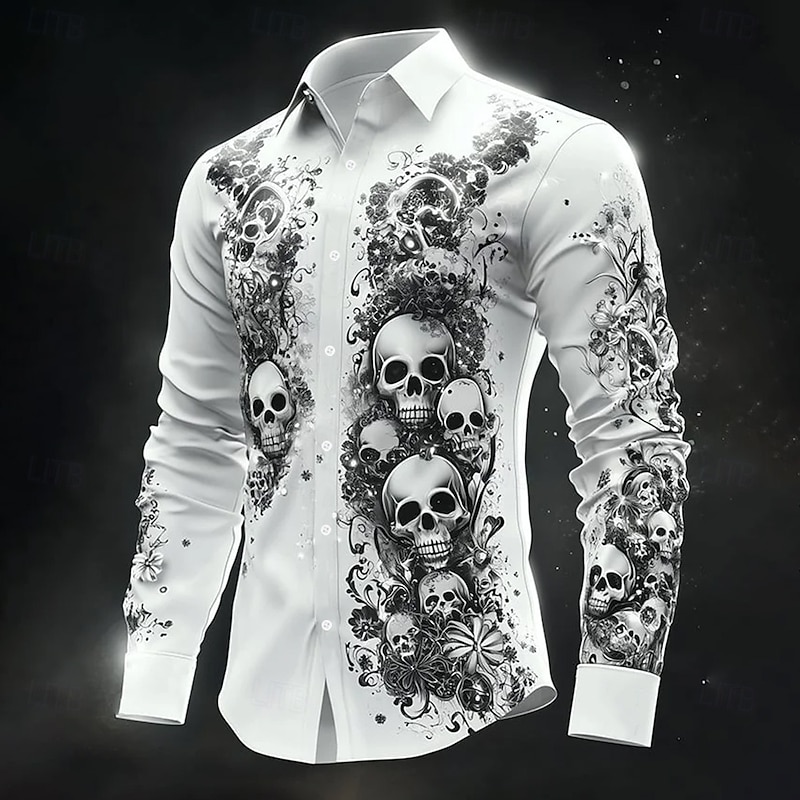Halloween Men's Halloween Costumes Skulls Shirt Button Up Shirt Casual Dress Shirt Long Sleeve Dark Gothic Style Holiday Summer Spring Turndown 3D Print Collared Shirts White 1 White