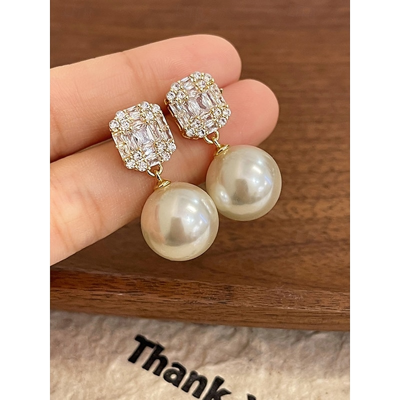 Women's Crystal Rhinestone Pearl Earrings - Gold Statement Stud Earrings with Cluster Charm on Top, Elegant Alloy Jewelry for Work, Dates and Formal Occasions3