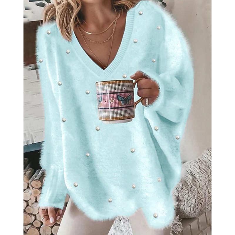 Women's Sweater Pullover Sweatshirt Fuzzy Cozy T Shirt Plain Ribbed Knitted Casual Long Sleeve V Neck Tops Daily Going out Weekend Blue Oversized