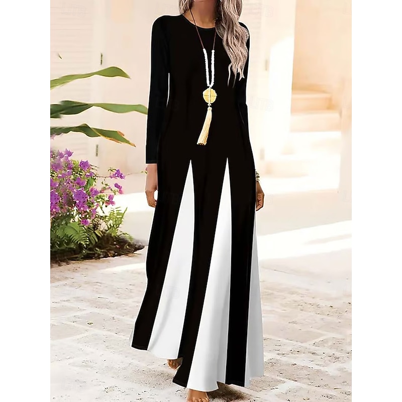 Women's Maxi Dress A Line Dress Summer Dress Elegant Vacation Casual Regular Fit Graphic Geometric Long Sleeve Crew Neck White Spring Fall Winter