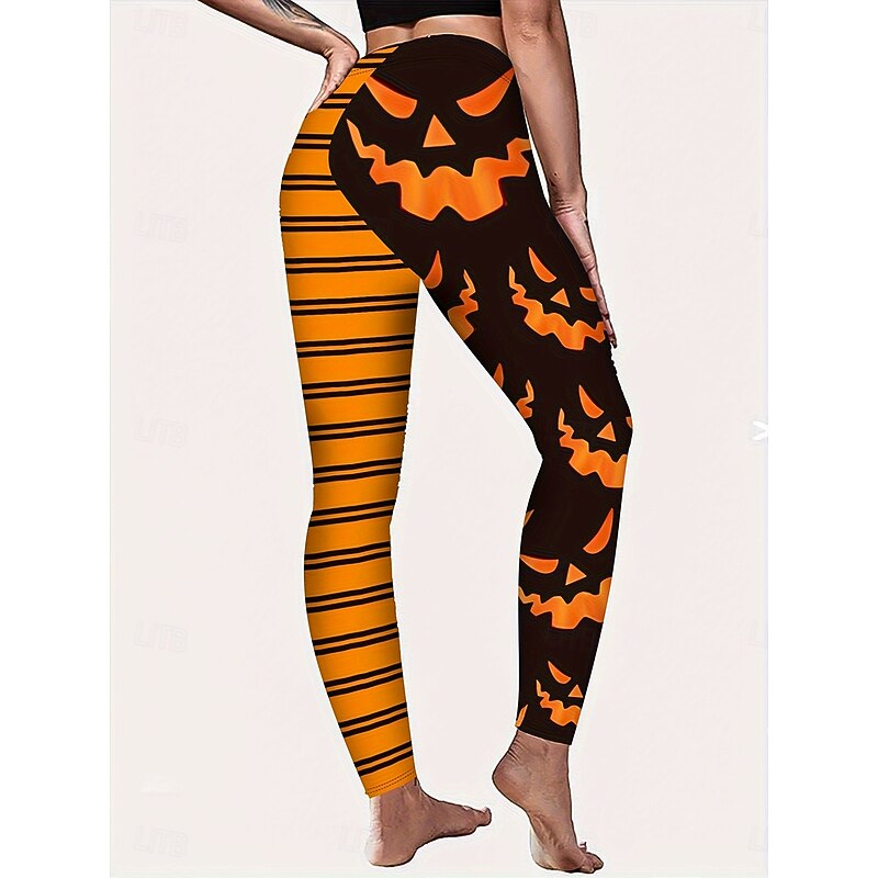 Women's Leggings Vacation Vintage Fashion Full Length High WaistPantsHalloween Graphic Pumpkin Striped Printing Soft Breathable Stretchy Formal Outdoor Vacation Orange Spring Fall Winter Slim Fit3
