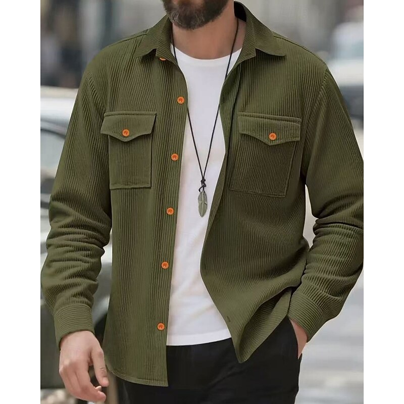 Men's Lightweight Jacket Corduroy Jacket Cargo Jacket Casual Jacket Vacation Daily Breathable Pocket Spring Fall Plain Fashion Classic Lapel Regular Black Light Grey Army Green Beige Jacket