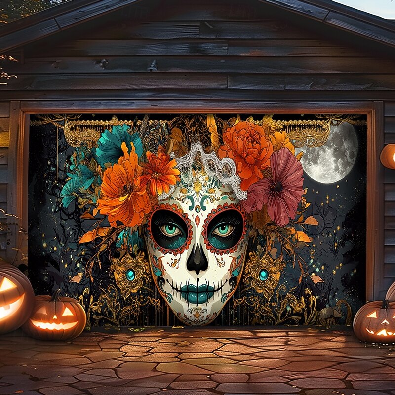 Day of the Dead Garage Door Cover Large Hanging Backdrop Skeleton Marigold Mexico Dark Punk Gothic Style Party Outdoor Shooting Backgrounds Front Door Home Decor
