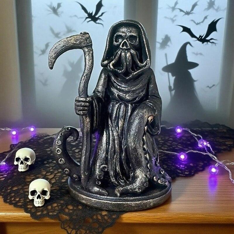 Skeleton Death Statue Halloween Gothic Resin Skeleton Grim Reaper Octopus Statue Decor Small Reaper Figurine of Holy Death for Patio Lawn Home Bedroom Bookshelf2