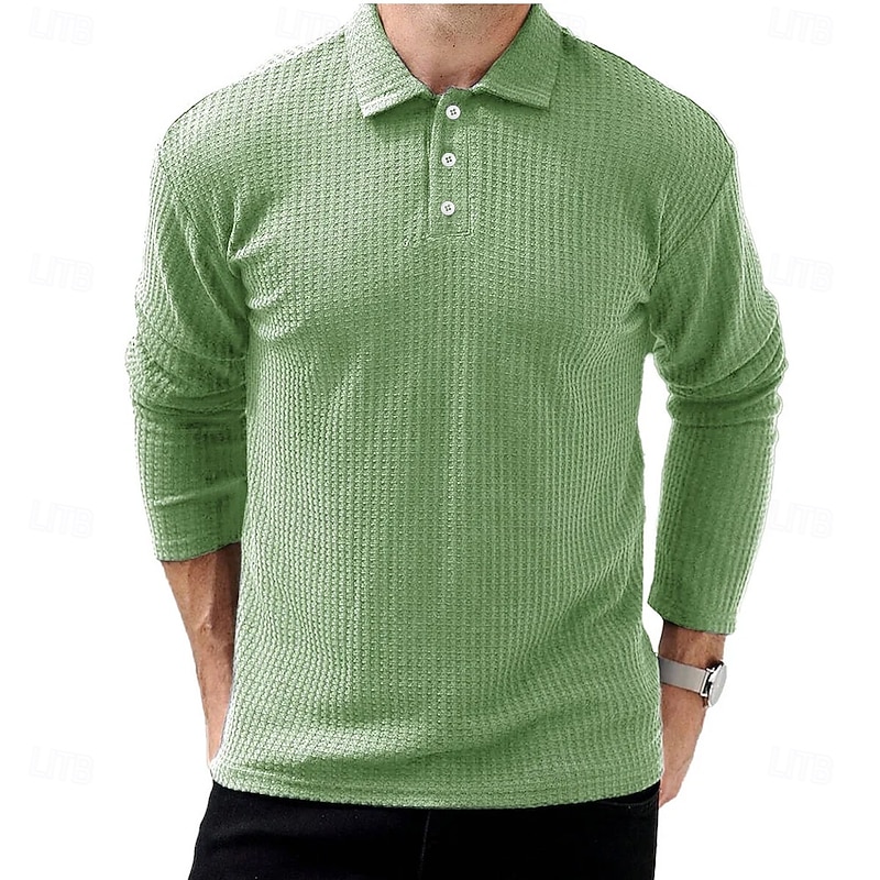 Men's Waffle Polo Shirts Street Casual Lapel Long Sleeve Modern Comfortable Plain Textured Buttons Spring Fall Winter dark brown Robin's Egg Blue Black White Navy Blue Dark Green Waffle Polo Shirts3