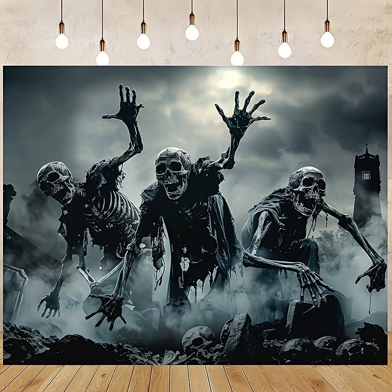 Halloween Skeleton Tapestry – Creepy Graveyard Scene Wall Hanging with Undead Skeletons Rising from Tomb, Horror Wall Decoration for Bedroom or Party