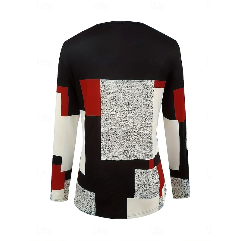 Women's T Shirt Graphic Geometric Color Block Elegant Vintage Stylish Long Sleeve V Neck Regular Tops Daily Weekend Zipper Print Wine Spring Fall3