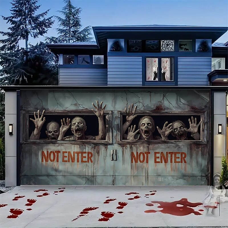 Halloween Garage Door Cover Large Hanging Backdrop Zombies Cemetery Dark Punk Gothic Style Party Outdoor Shooting Backgrounds Yard Haunted House Home Decor4