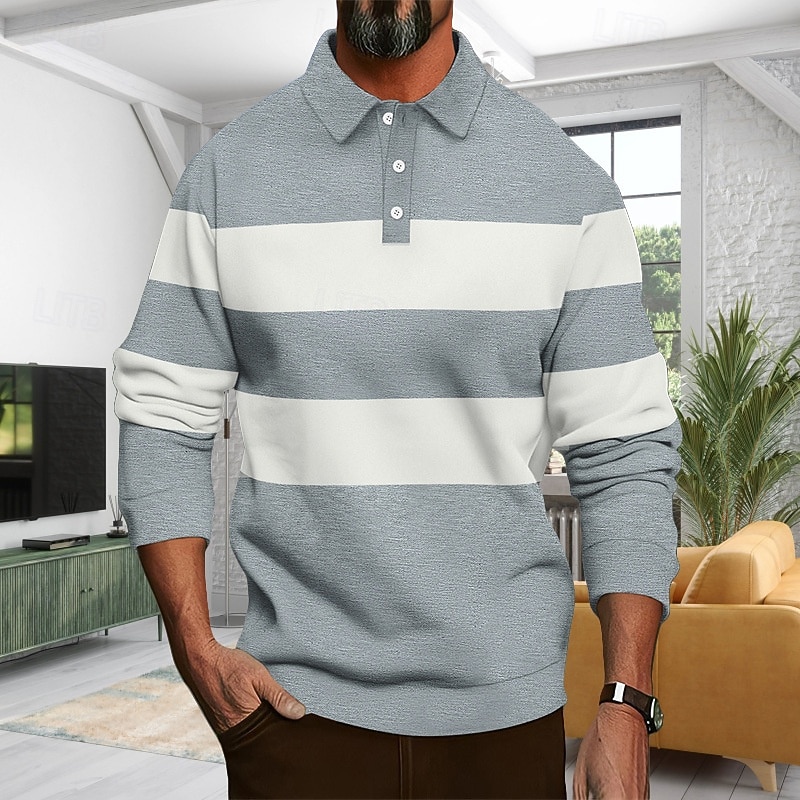 Men's Golf Shirt Golf Polos Shirts Work Casual Lapel Long Sleeve Basic Modern Color Block Stripe Buttons Spring Fall Regular Fit Black White Army Green Gray Golf Shirt2