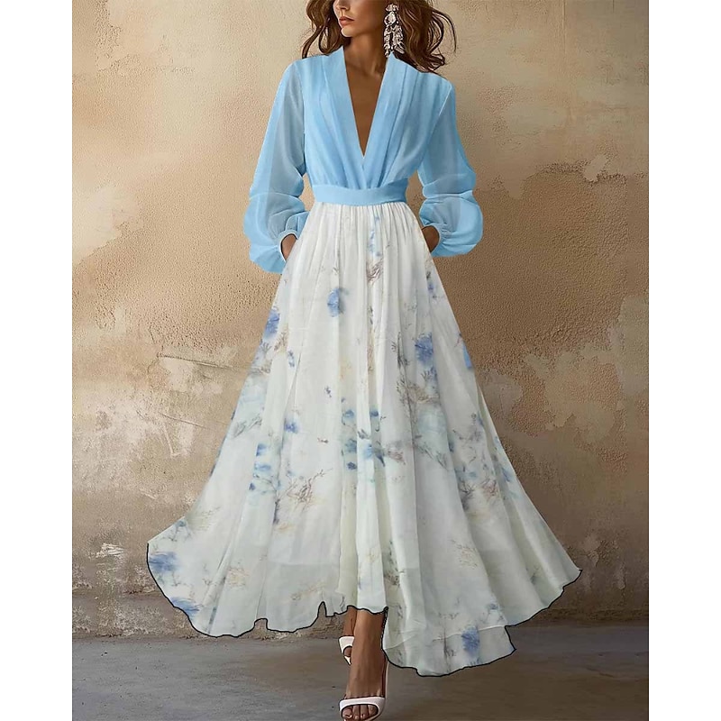 Women's Long Dress Maxi Dress Cocktail Dress Chiffon Dress Print Dress Fashion Modern Vacation Tea Party Going out Regular Fit Flower Long Sleeve V Neck White Light Blue Fall