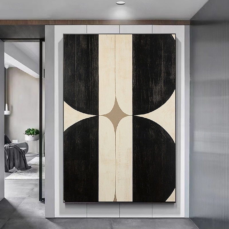 Handmade Geometric Abstract Oil Painting Symmetrical Black Semicircles Cream Beige Background Textured Impasto Brushstrokes Central Bronze Diamond Layered Paint Minimalist Art Modern Wall Decor