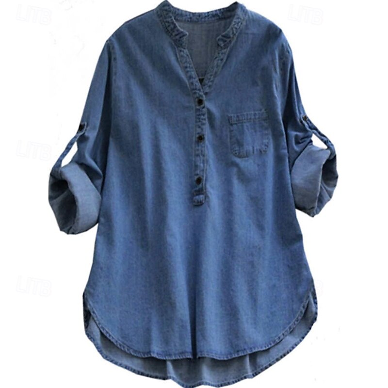 Women's Shirt Blouse Plain Modern Casual Long Sleeve V Neck Regular Tops Daily Going out Pocket Navy Blue Light Blue Fall2