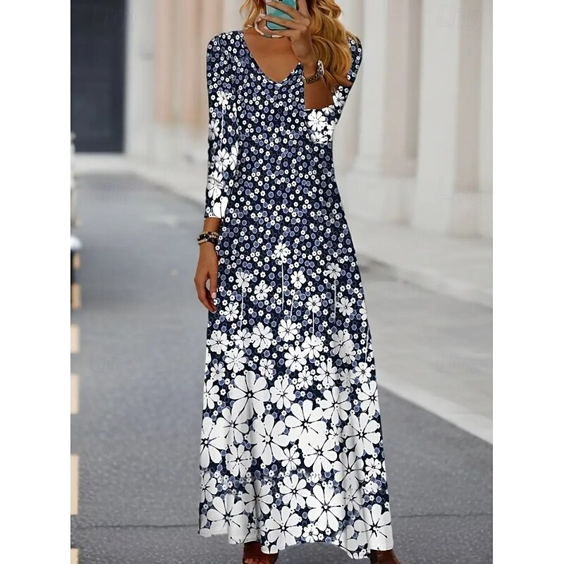 Women's Maxi Dress T Shirt Dress Tee Dress A Line Dress Vacation Casual Boho Date Regular Fit Floral Paisley Long Sleeve V Neck Royal Blue Dark Blue Fall Winter4