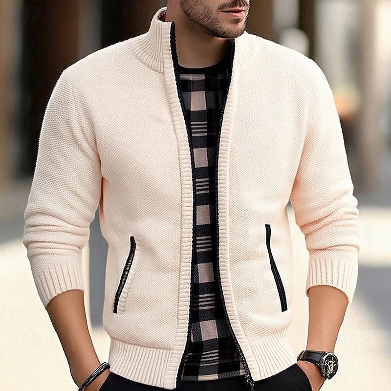 Men's Cardigan Sweater Cropped  Sweater Zip Sweater Knit Sweater Ribbed Knit Regular Tops Pocket Plain Stand Collar Fashion Classic Vacation Daily Wear Clothing Apparel Fall Winter Black Red M L XL