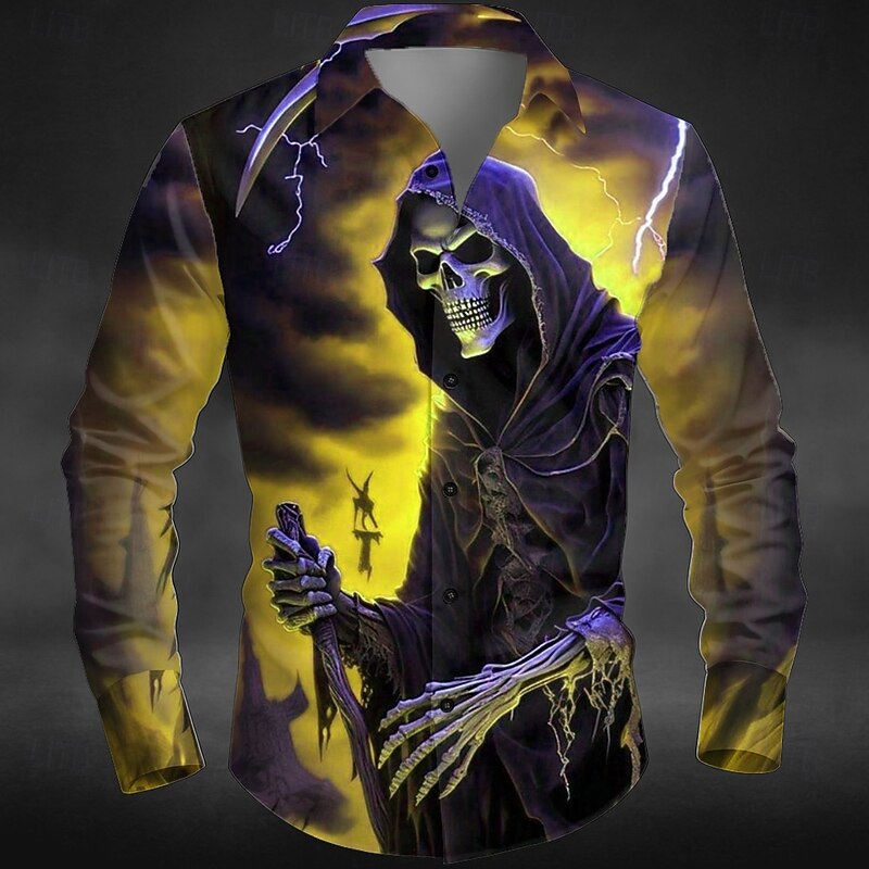 Halloween Men's Grim Reaper Lightening Death Shirt Button Up Shirt Long Sleeve Dark Punk Gothic Style Outdoor Holiday Summer Spring Turndown 3D Print Collared Shirts Yellow Orange Green4
