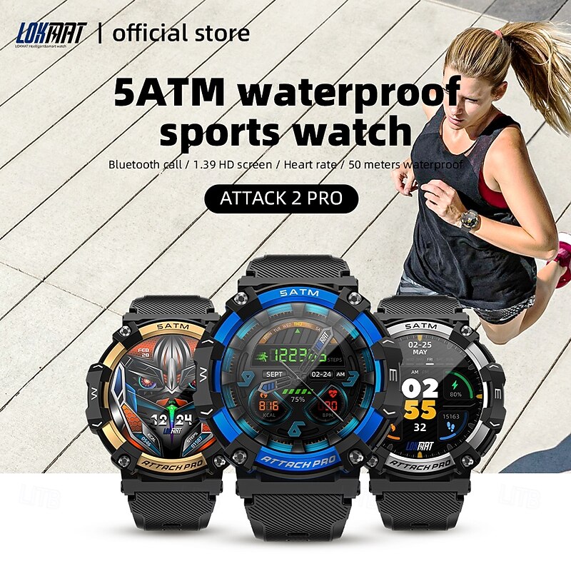LOKMAT ATTACK 2 PRO Smart Watch 1.39 inch Smartwatch Fitness Running Watch Bluetooth Pedometer Call Reminder Sleep Tracker Compatible with Android iOS Women Men Long Standby Hands-Free Calls