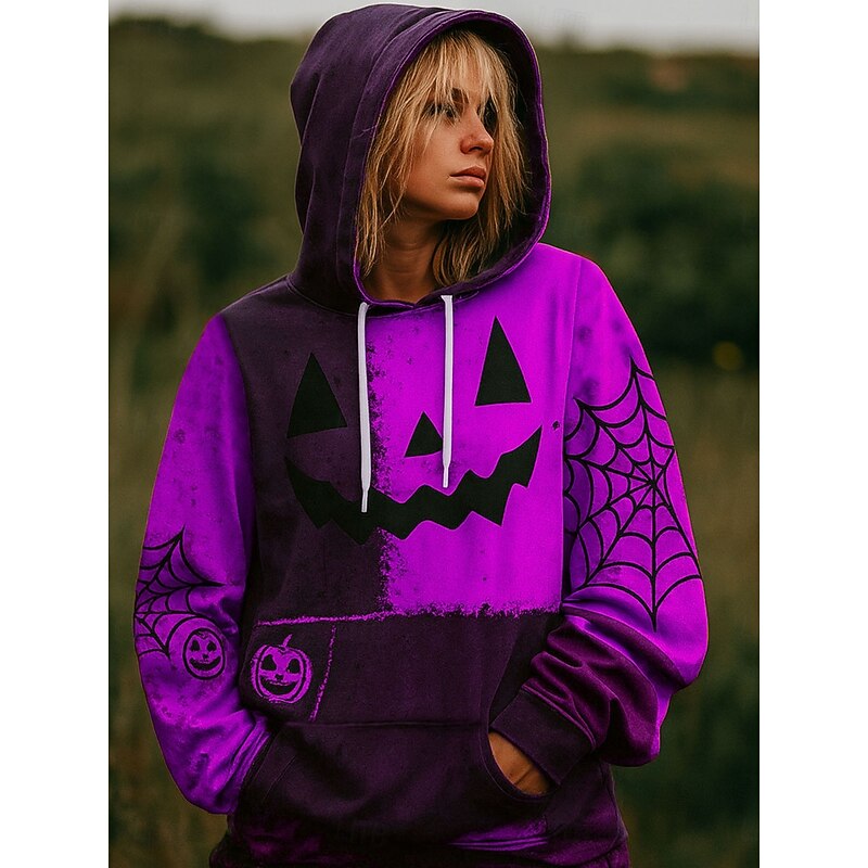Halloween Women's Pullover Hoodie Sweatshirt Spider Web Graphic Fashion Casual Long Sleeve Hooded Regular Tops Street Dailywear Casual Drawstring Pocket Print Blue Purple Orange Green Fall Winter3