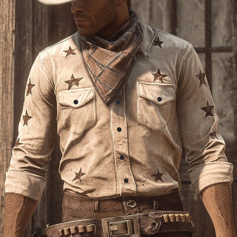 Men's Geometric Stars Shirt Western Shirt Cowboy Shirt Long Sleeve Vintage Retro Outdoor Casual WorkWear Spring Fall Turndown Front Two Pockets Linen Like Shirt Button Up Shirts Blue Green Khaki