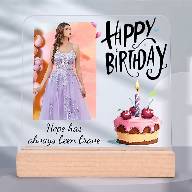 Personalized Photo Acrylic Plaque with Wooden Stand Custom Birthday Gift Decorative Signs Cake Design, Custom Text,Home Office Party Table Decor